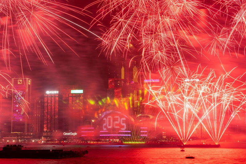 Fireworks over Victoria Harbor in Hong Kong; Photo source: guardian; Photographer name: Chan Long