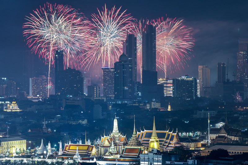 Fireworks over the Grand Palace in Bangkok, Thailand; Photo source: guardian; Photographer's name: Athit Perawongmetha