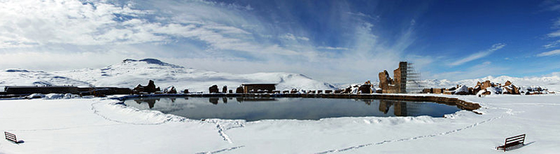 Takht Suleiman ruins and lake in the snow; Photo source: Wikipedia, photographer: Ahadagha