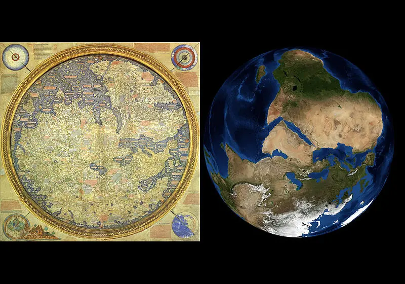 1450 AD world map and NASA satellite image of the Earth; Source: Wikimedia