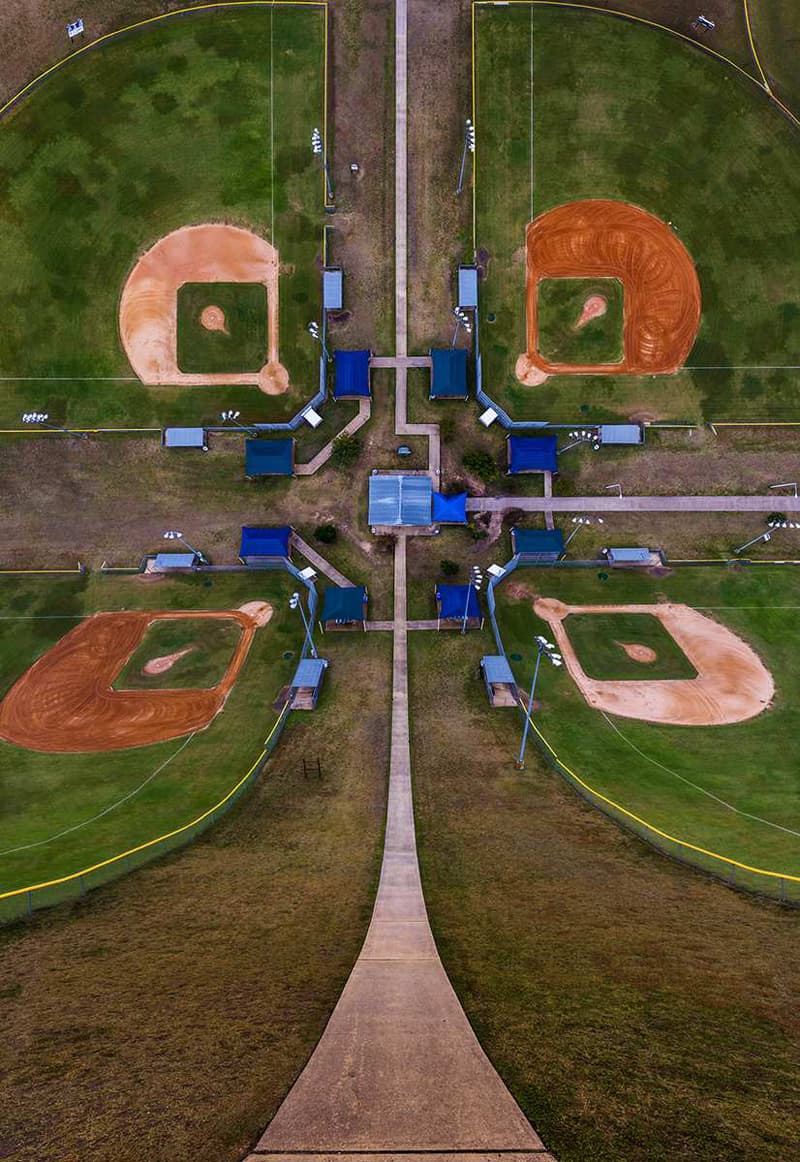 A panoramic photo of the four corners of a field