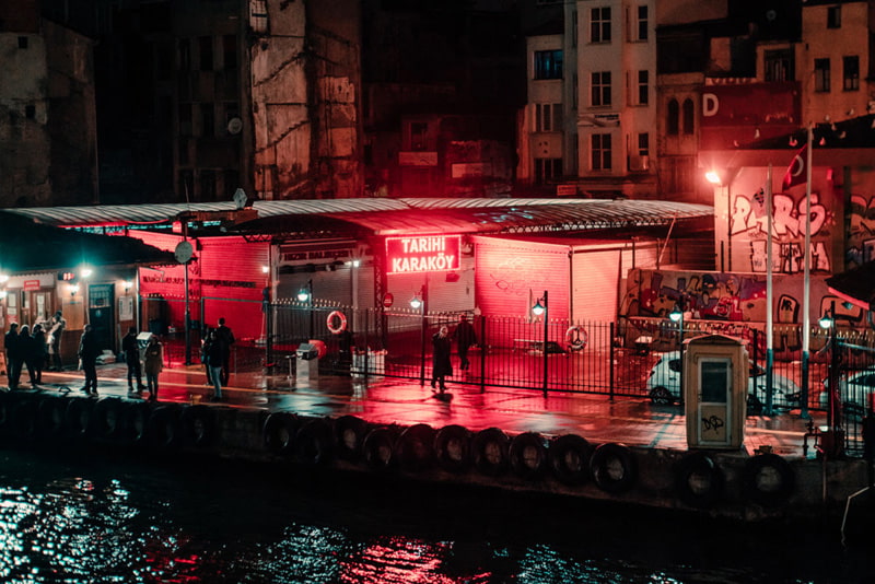 Reflection of light on the rainy streets of Istanbul