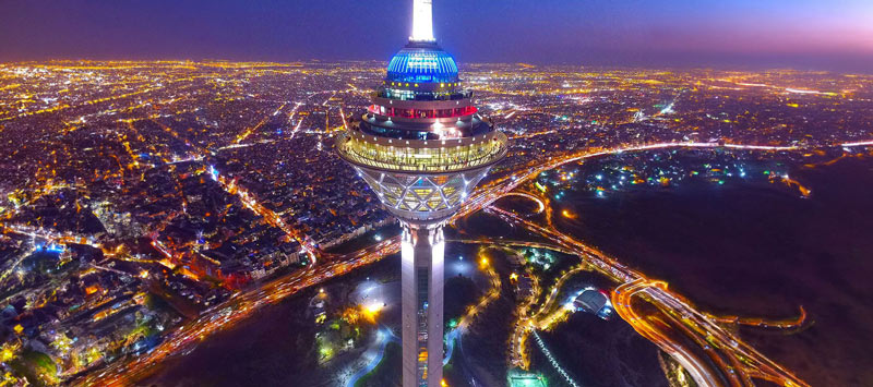 Aerial photo of Milad Tower at night; Photo source: Premier Services in Iran, photographer: unknown