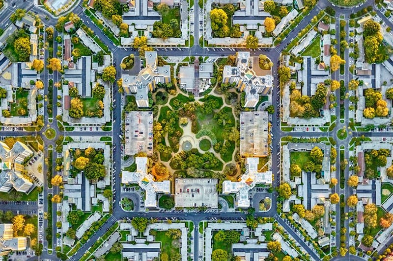 Aerial photo of the lush resideial area in the US