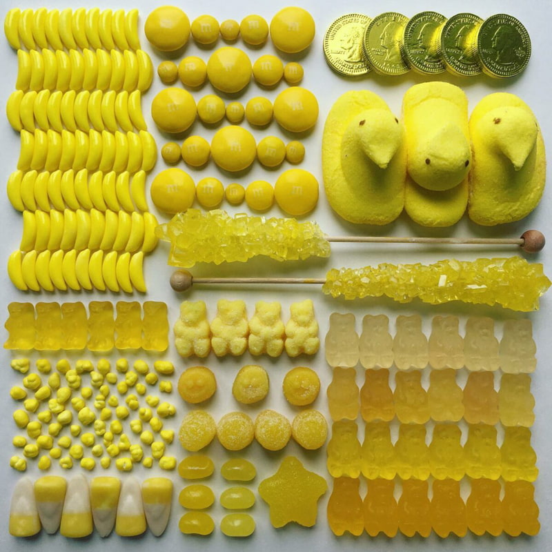 Artistic alignme of yellow snacks