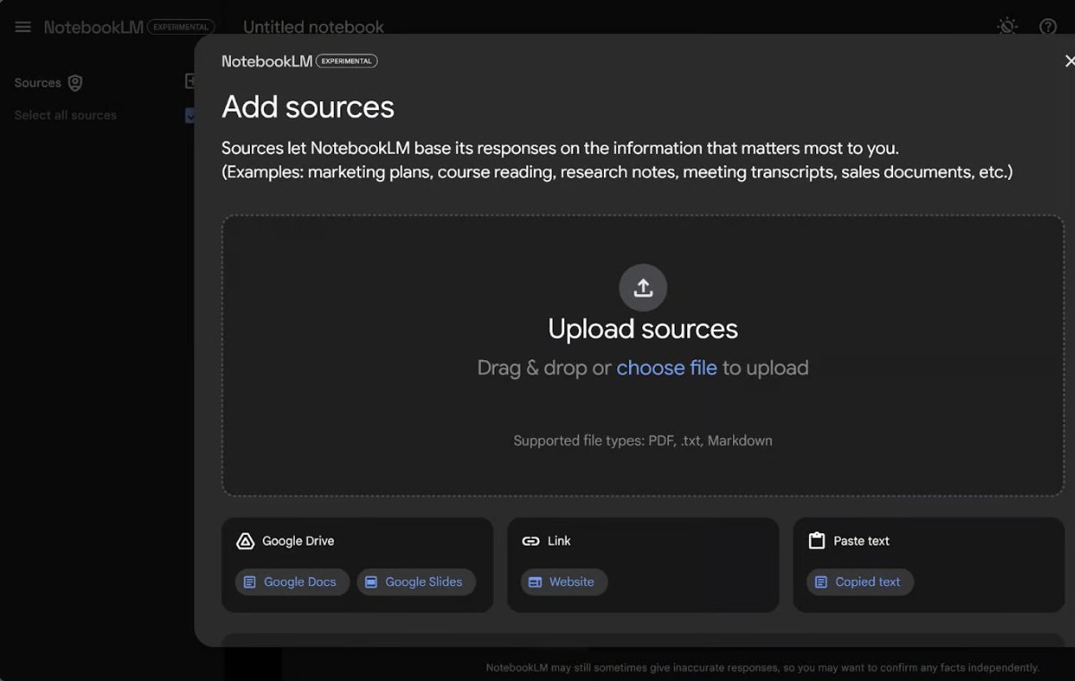 Notebook LM asks you to upload your docume