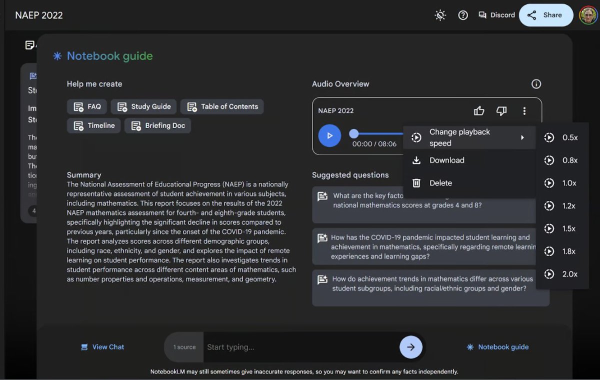 Three dots in the corner of Audio Overview offers options for playing, downloading and removing podcasts.