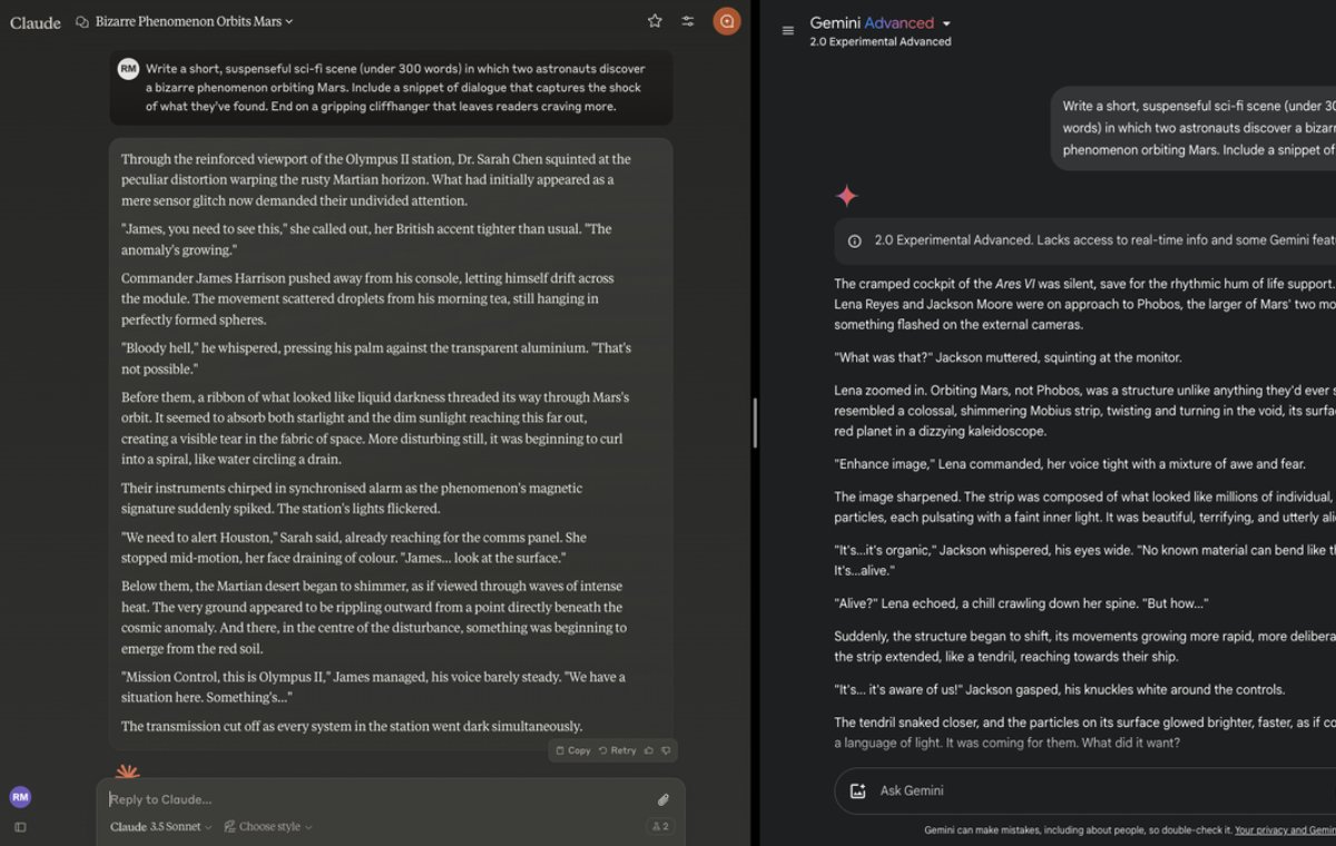 Creative writing in comparison of Gemini and Claude