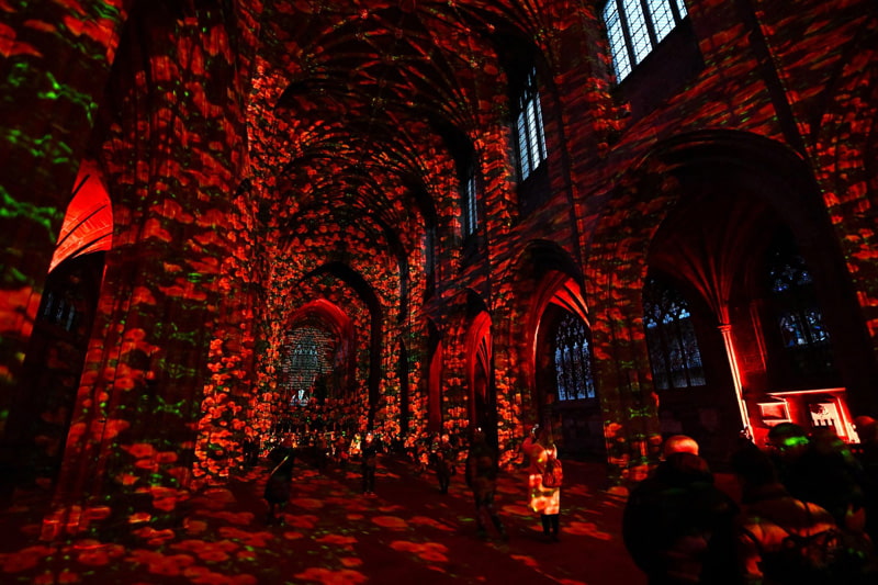 Peter Walker's work, looking at the end of the first and second world wars on the walls inside the Chester Cathedral; Photo Source: Theguardian; Photographer Name: Paul Ellis
