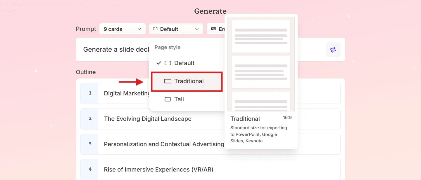 How to change the page style in the gamma app