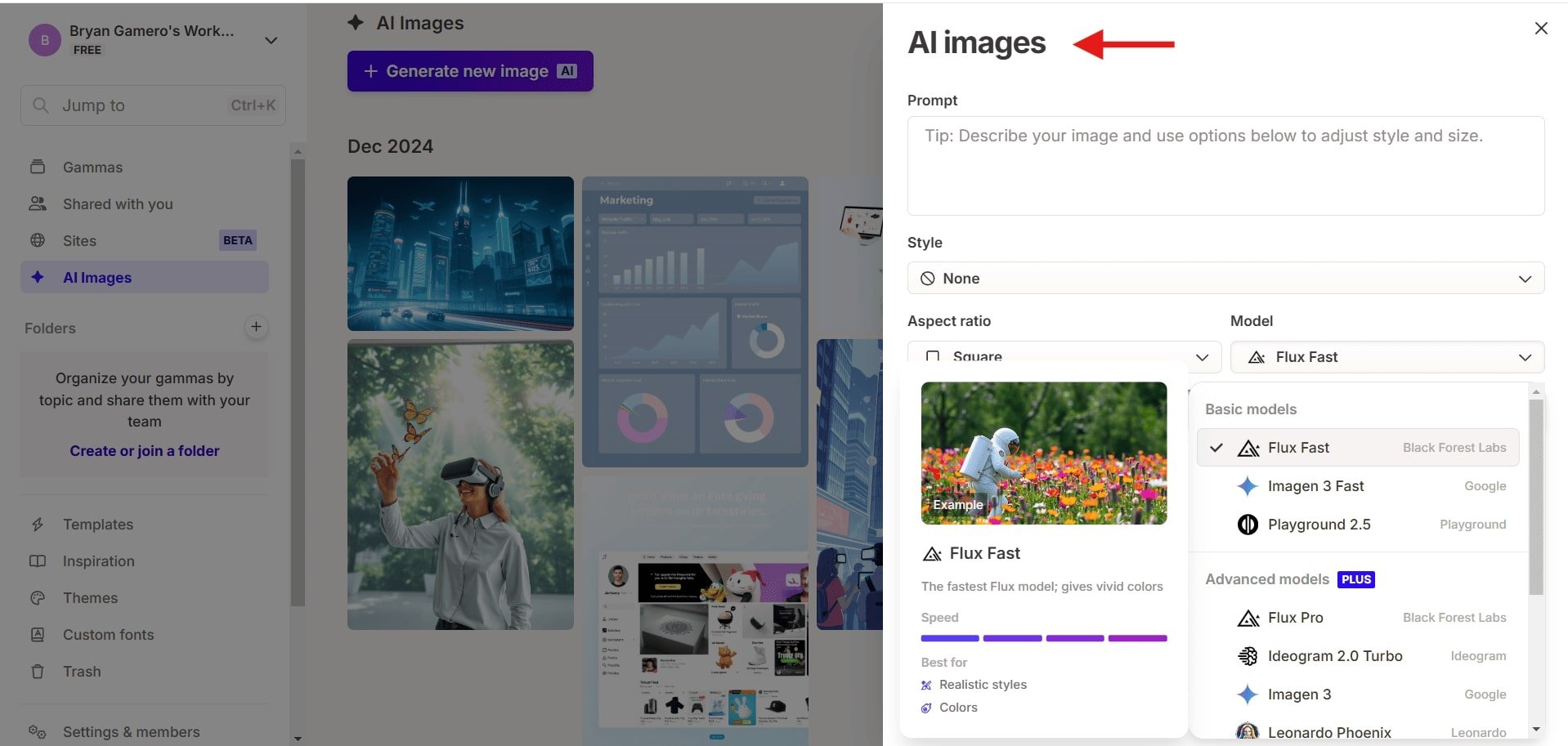 Gamma app's artificial ielligence image generator