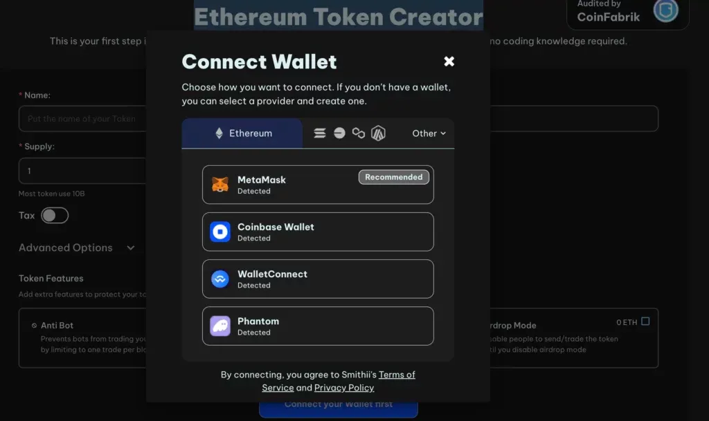 Metamsk connection to Smithii platform 