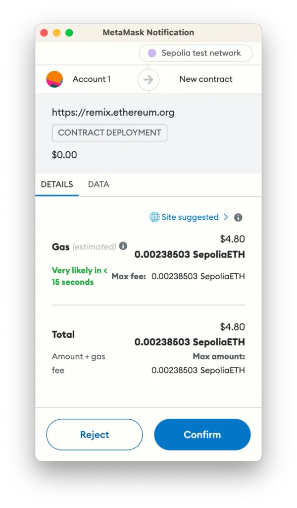 Confirming the token construction transaction on the Ethereum in Metamsk