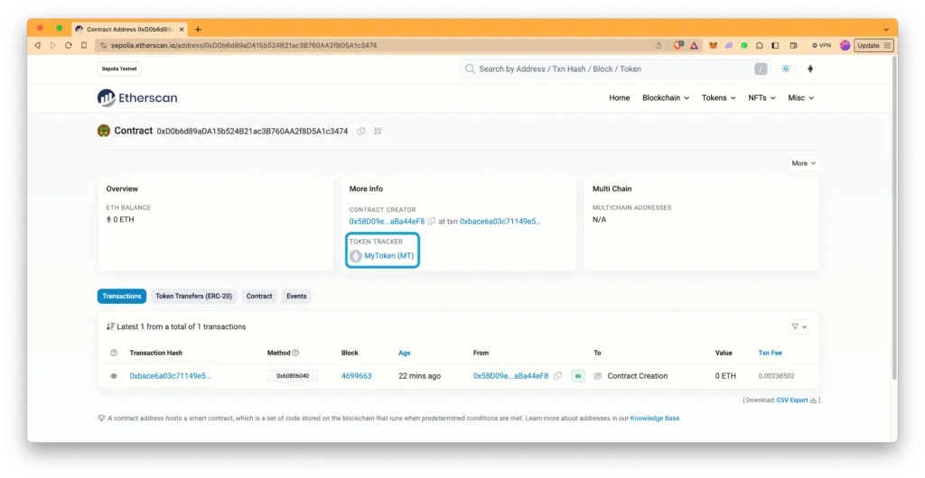View the coract on Sepolia's experimeal network