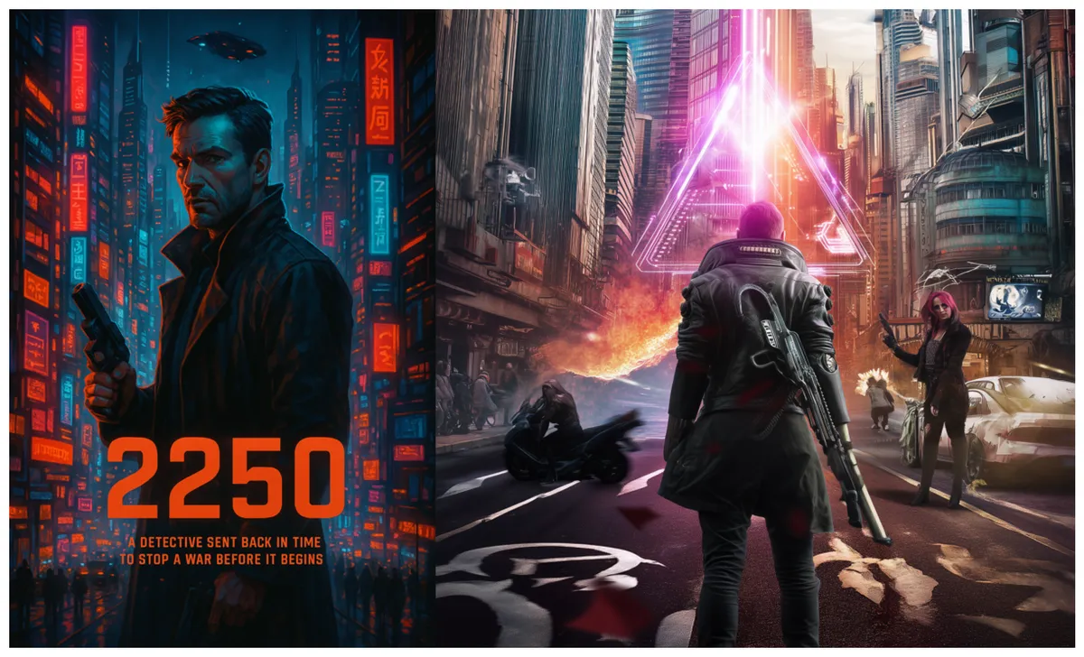Two images produced by ChatGpt and Midjourney from future movie posters
