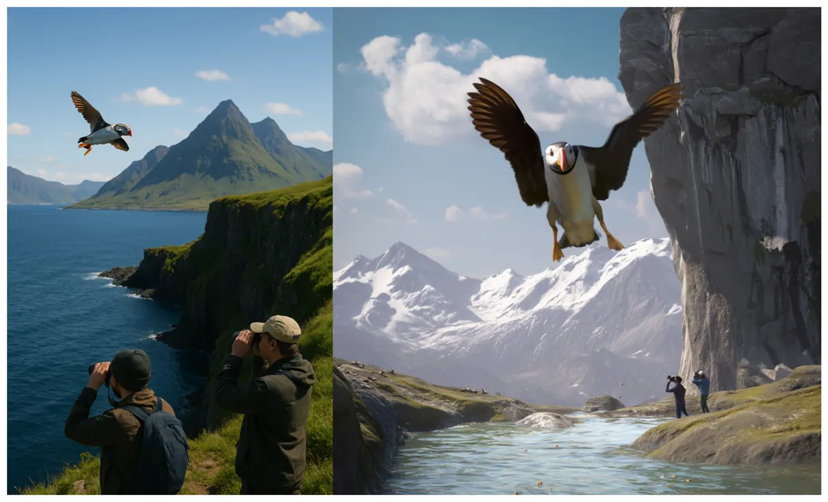 Two images produced by ChatGpt and Midjourney from a puffin (a bird)