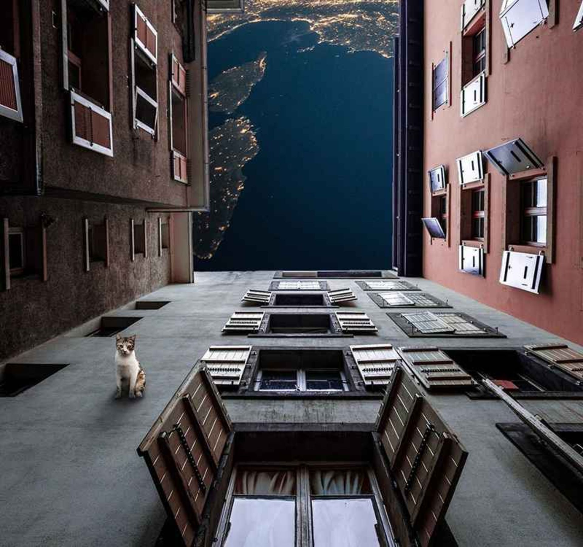 Surreal Photo of Resideial Buildings Next to Earth