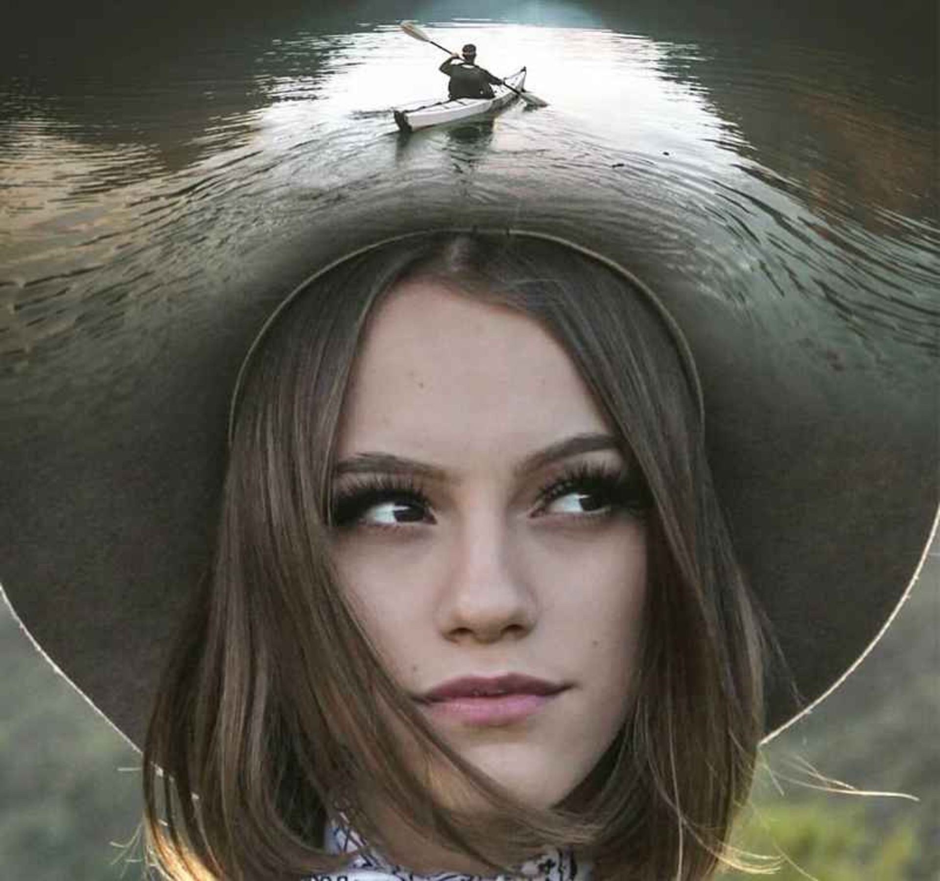Surreal photo of boat riding on a girl's hat