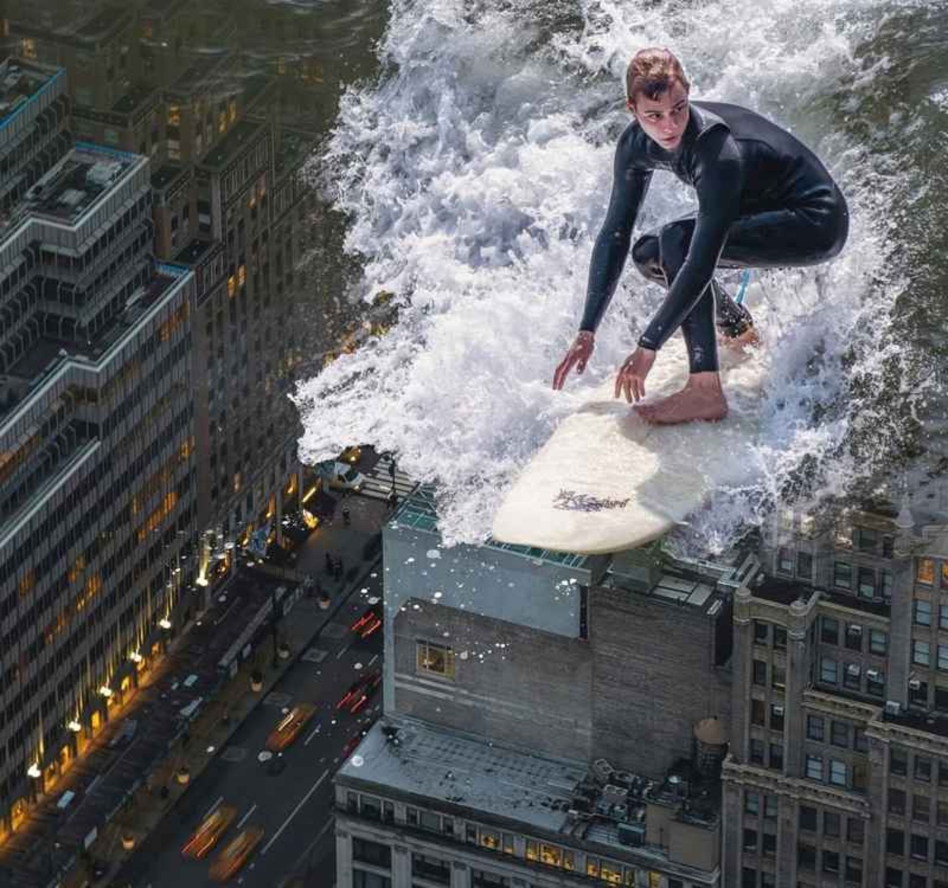 Surreal photo of surfing over resideial buildings