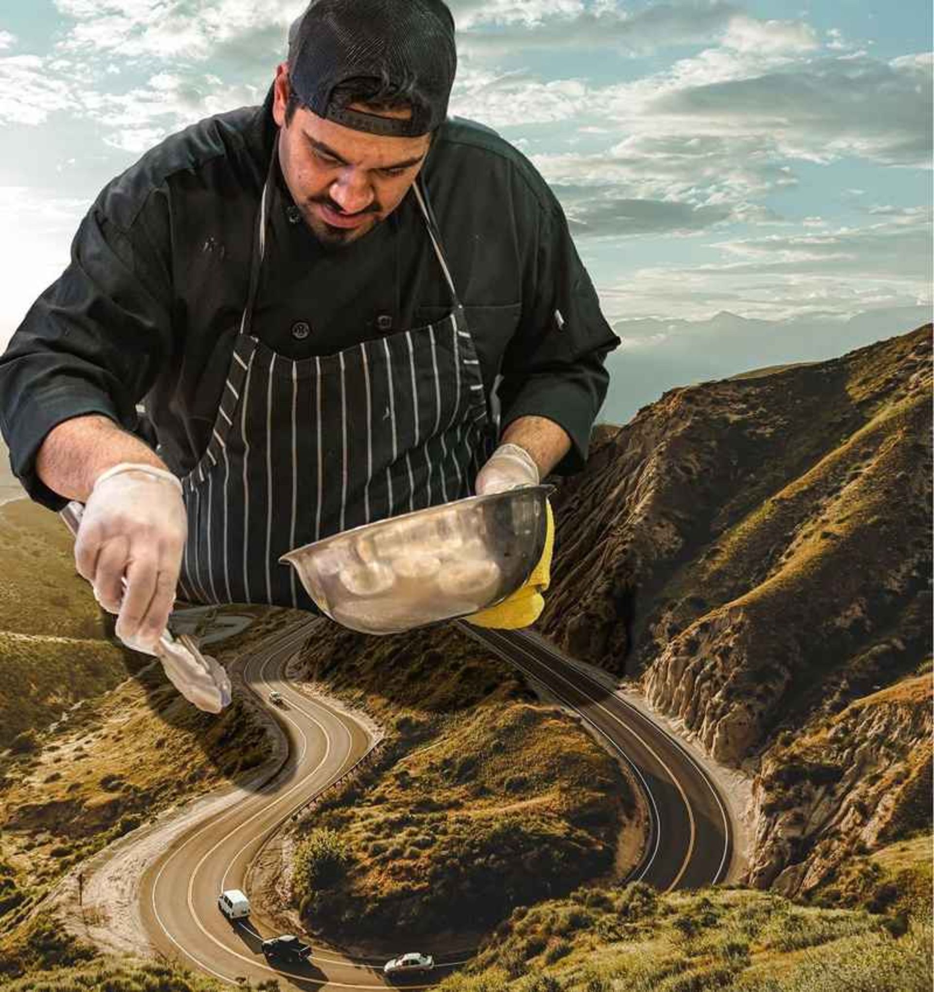 Surreal photo of cooking on mouain road