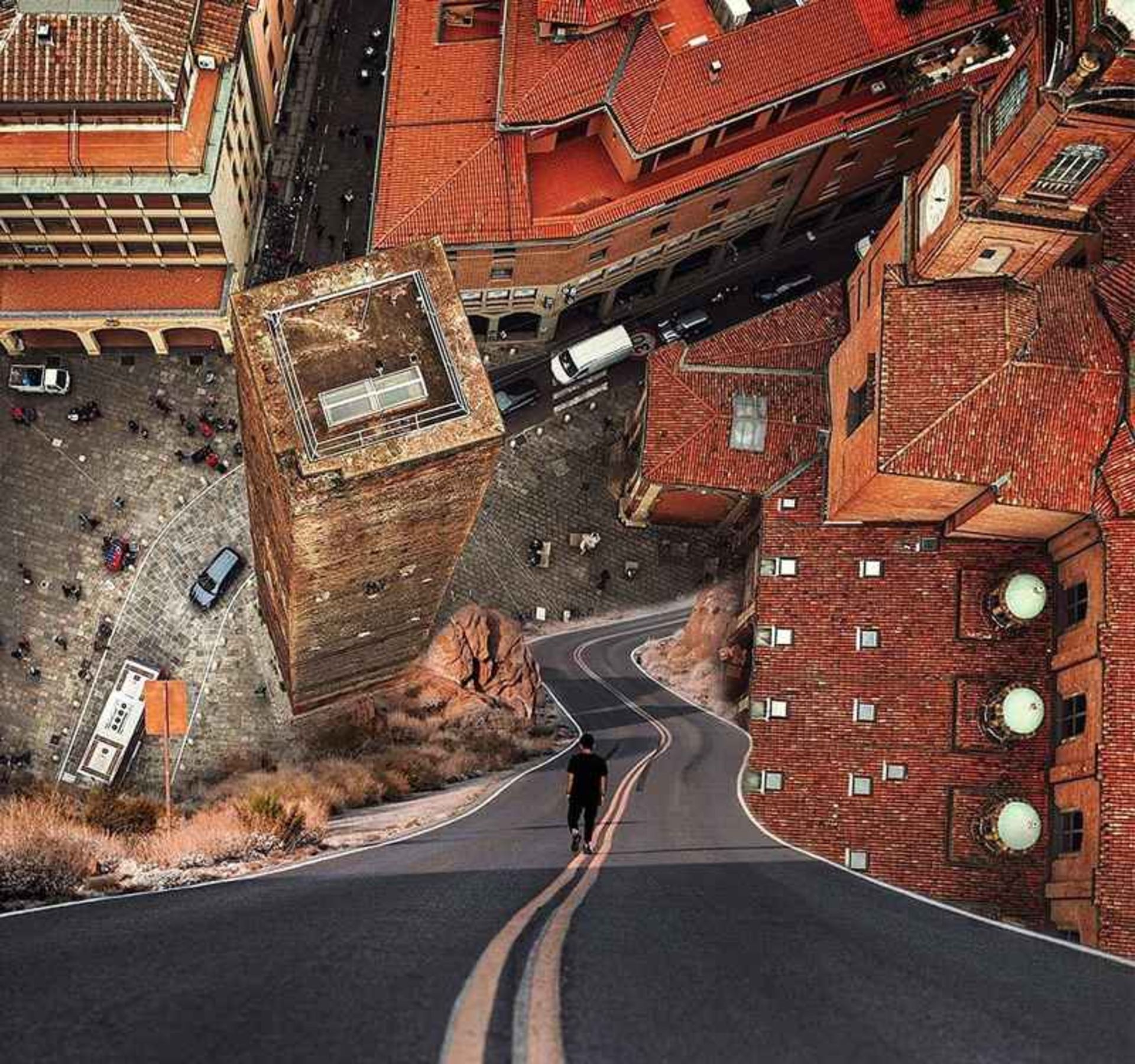 Surreal photo of upside down buildings on the side of the road