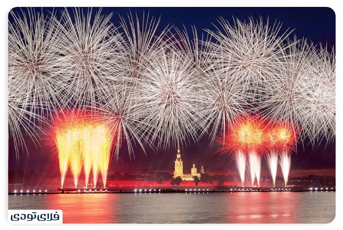 Russian white nights Show fireworks and red sails on Russian white nights