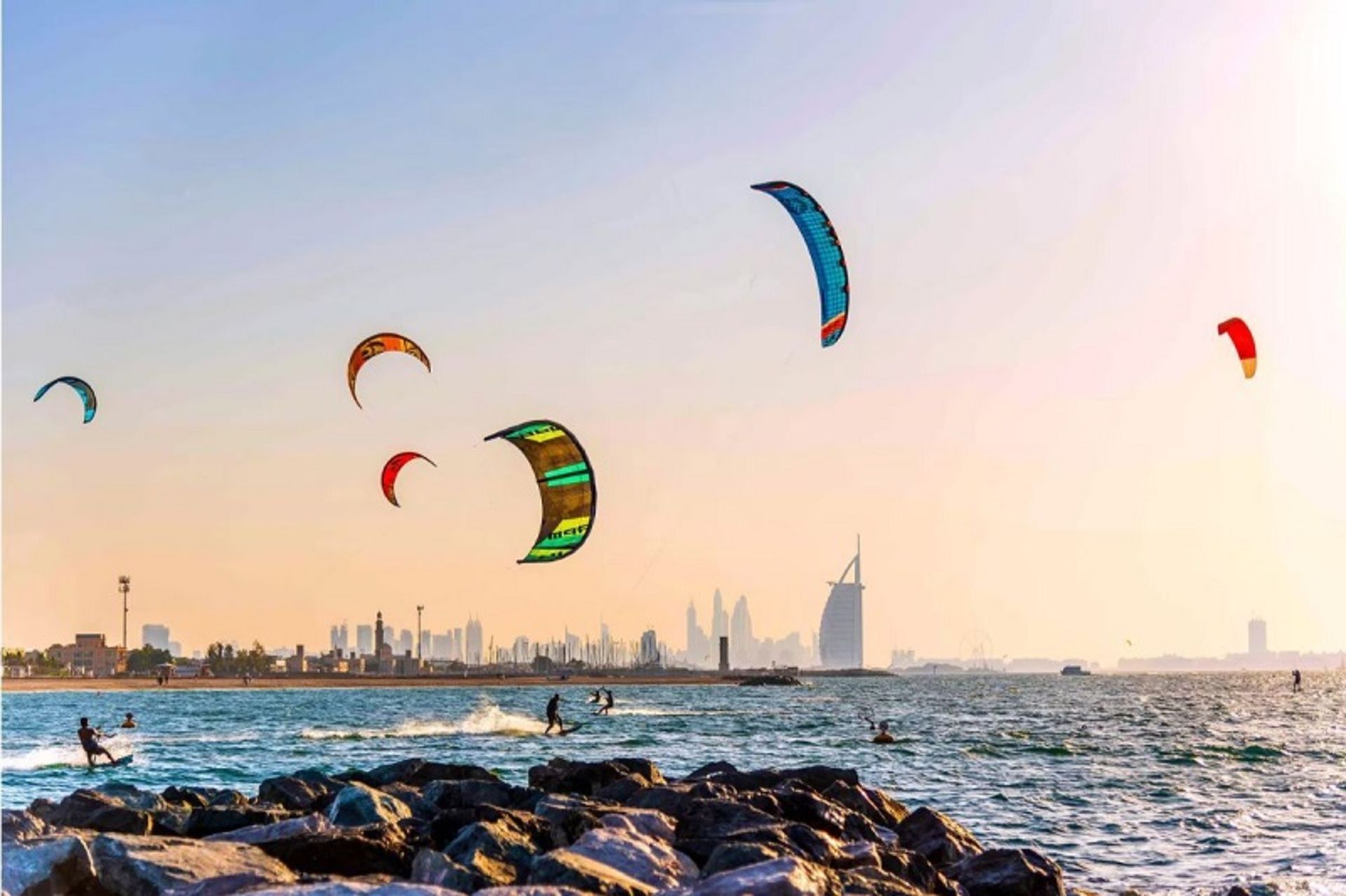 Colored kites on the Kate Dubai Beach
