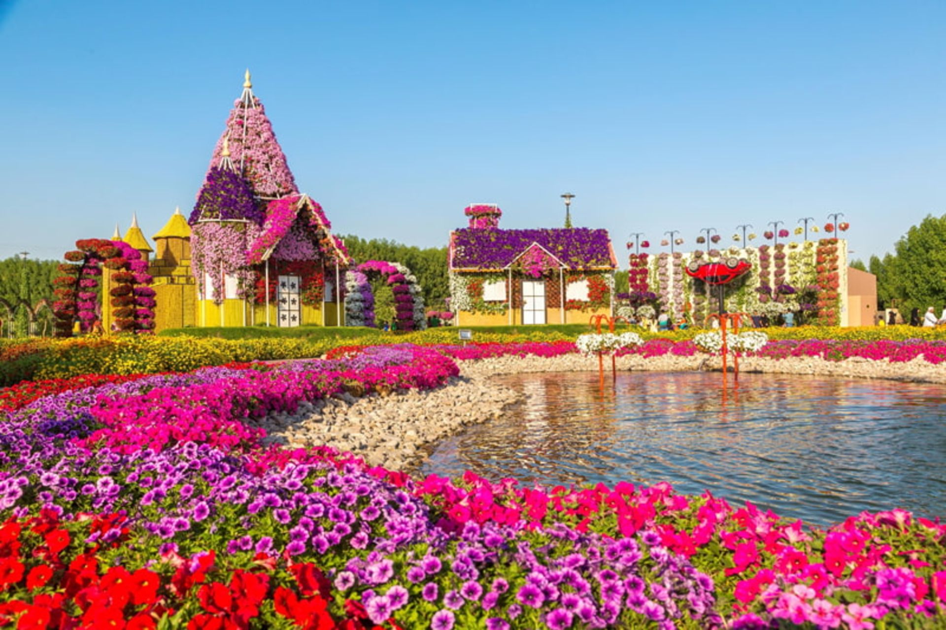 Lake and colorful flowers in Dubai's miracle garden