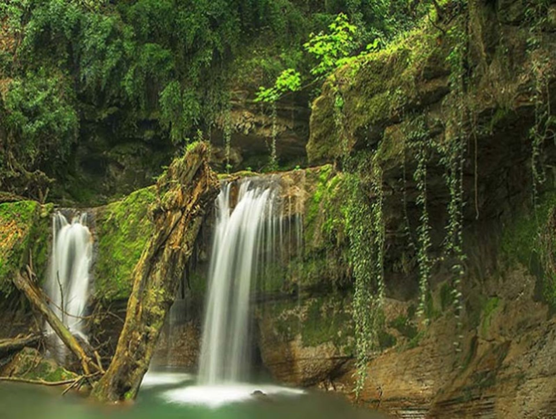 Seven waterfalls between lush space