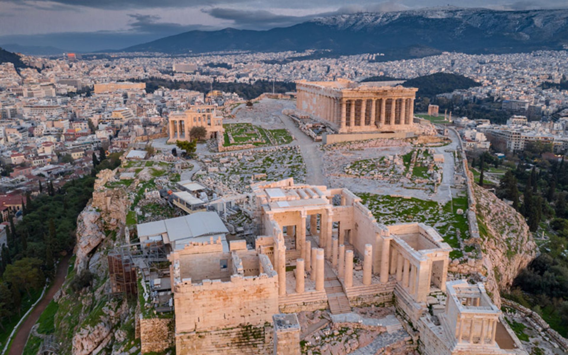 The remains of historical structures in the Acropolis of Athens