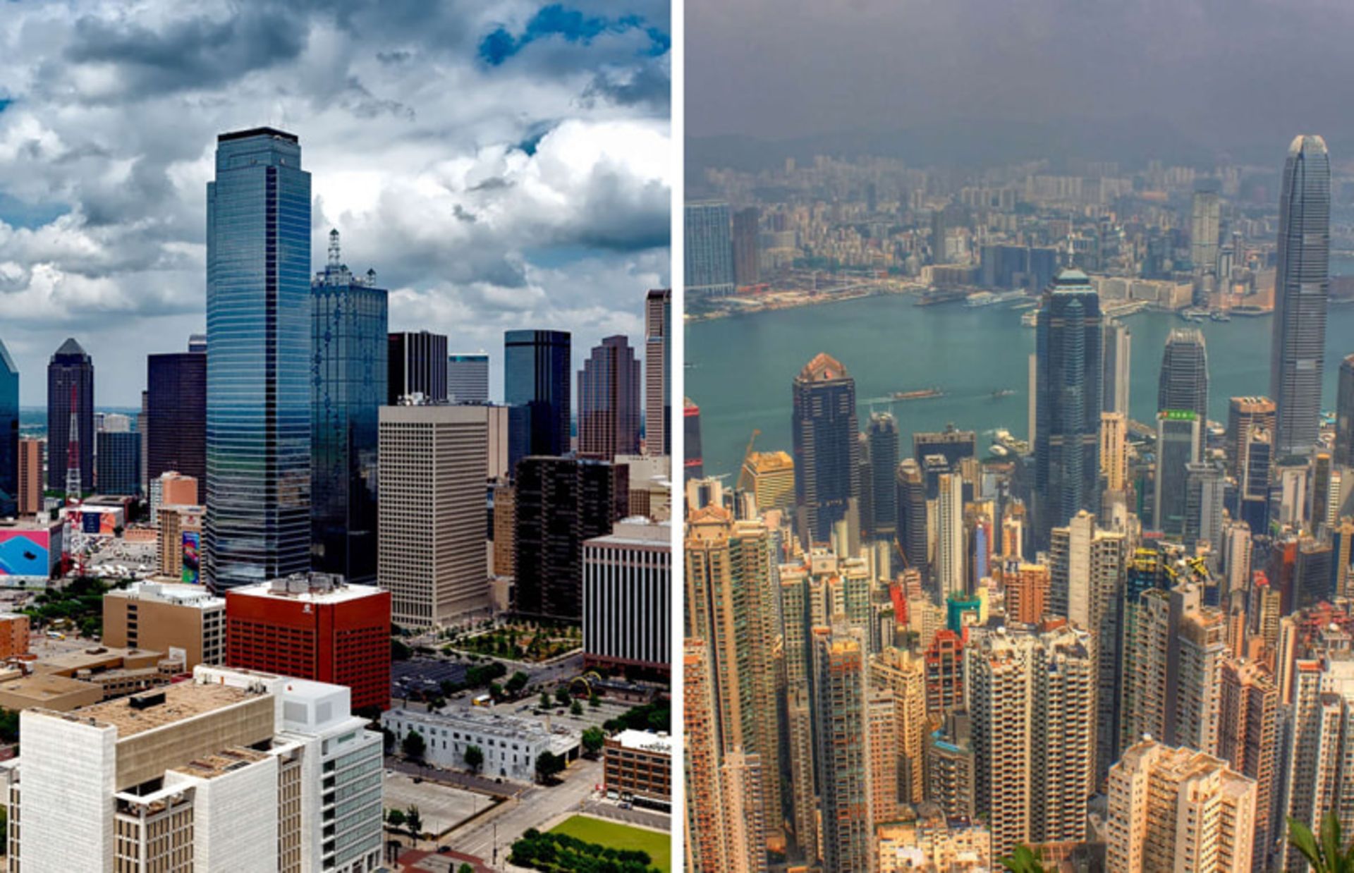 Hong Kong Urban View with dense skyscrapers and urban buildings under the cloudy sky of Dallas