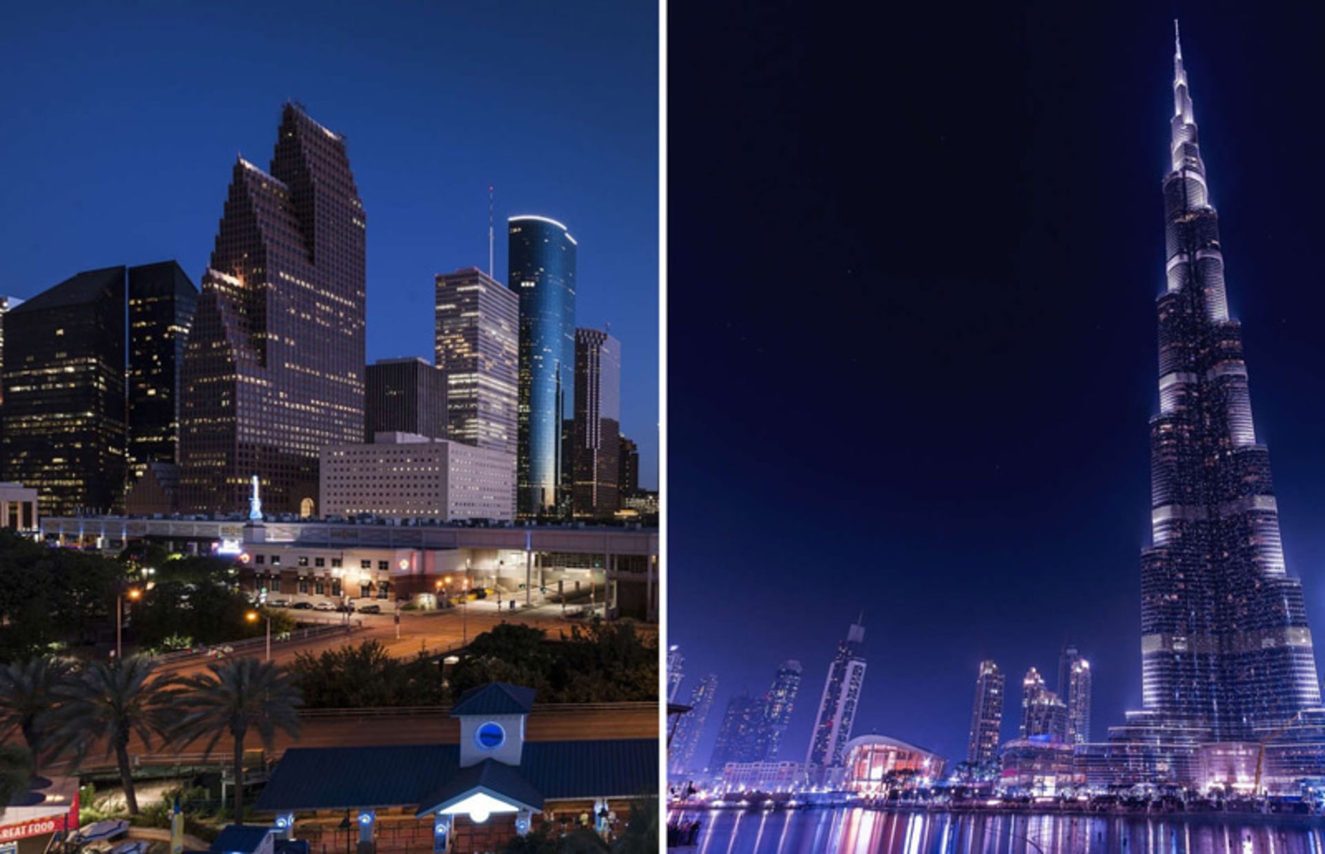 Two night views from the Khalifa Tower in Dubai and the urban view of Houston