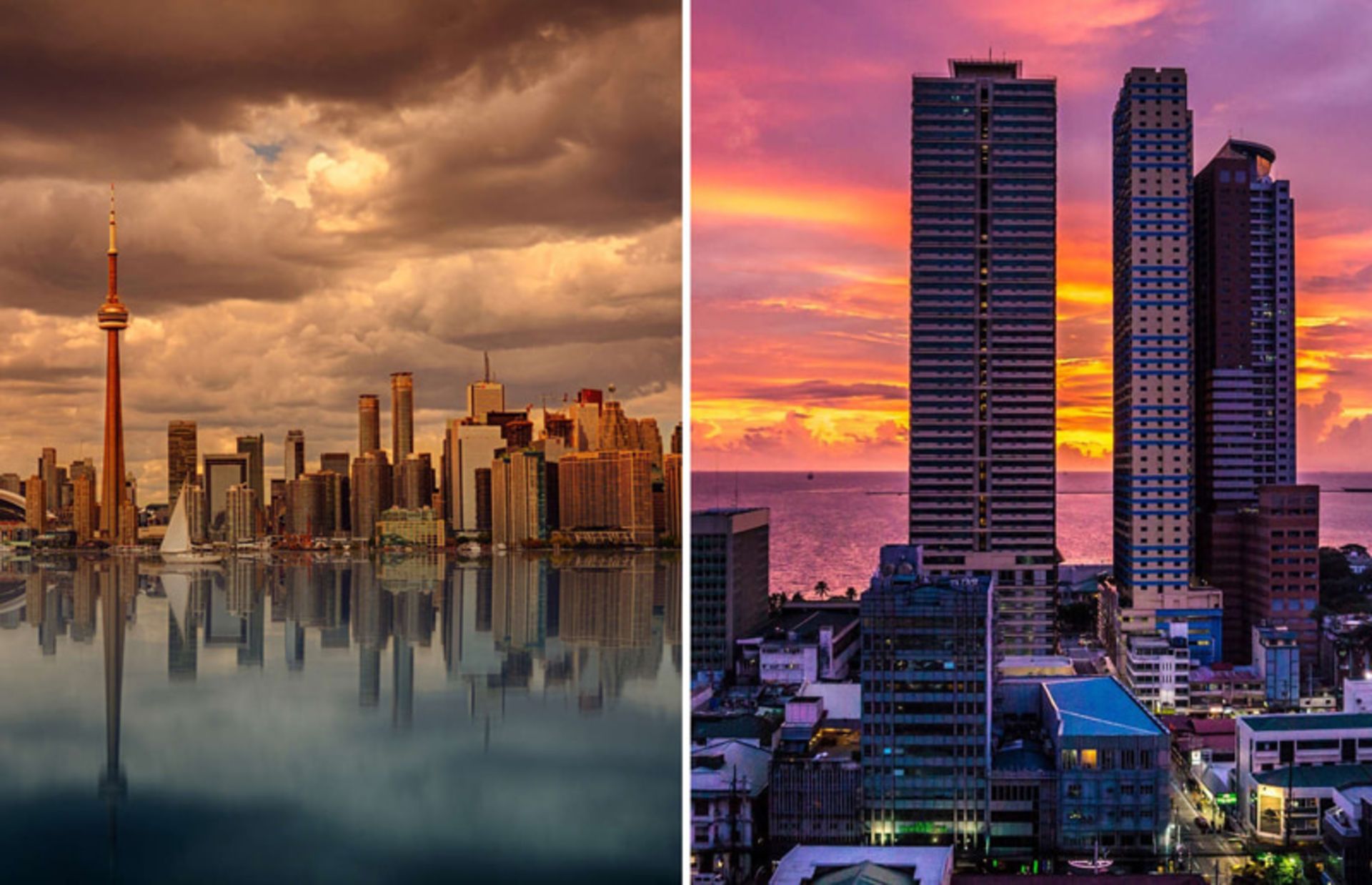 Manila buildings in the sunset and horizon of the city of Toroo with the CNN Tower