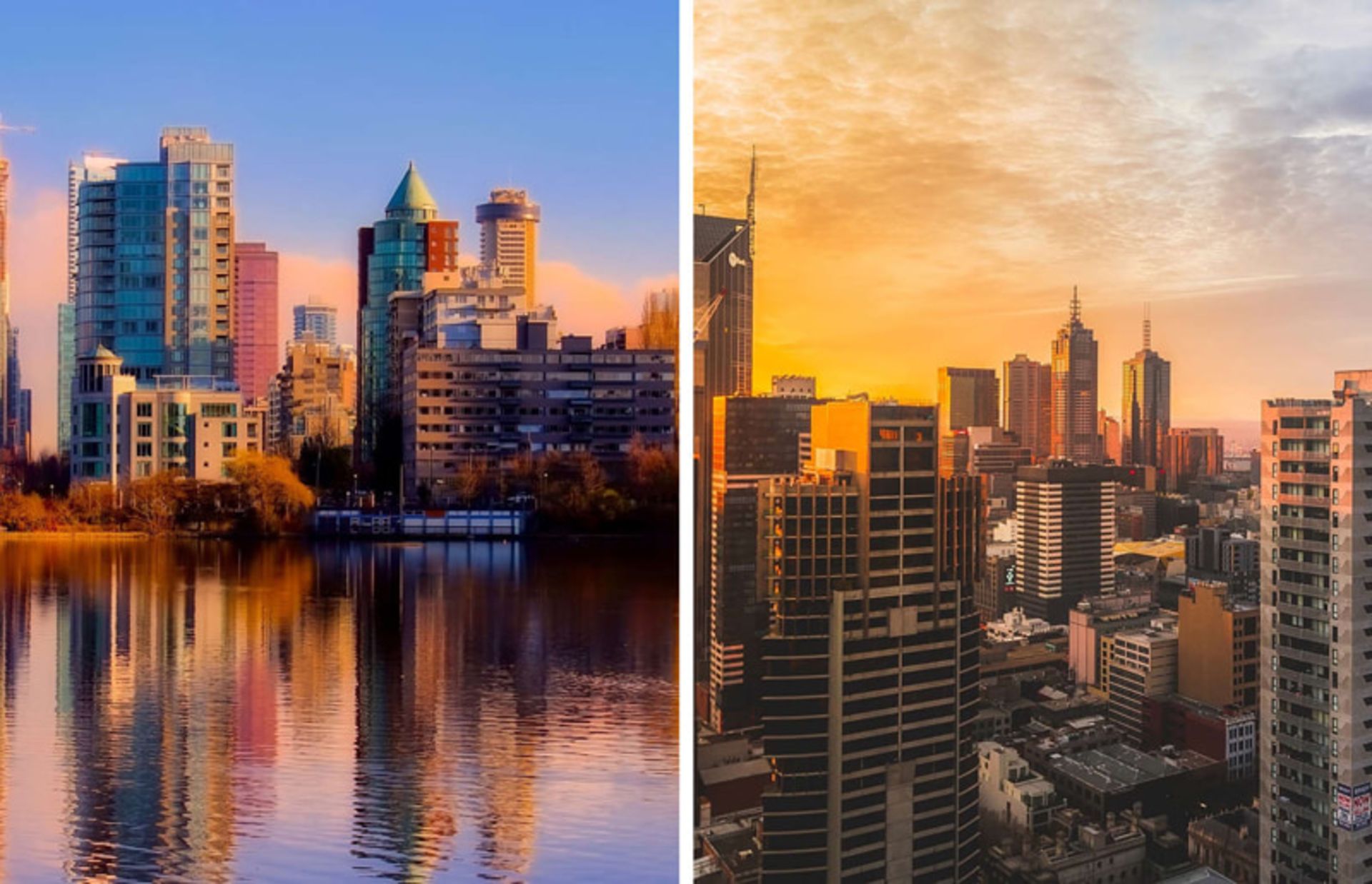 Buildings and Horizon Line of Melbourne and Vancouver in the sunset