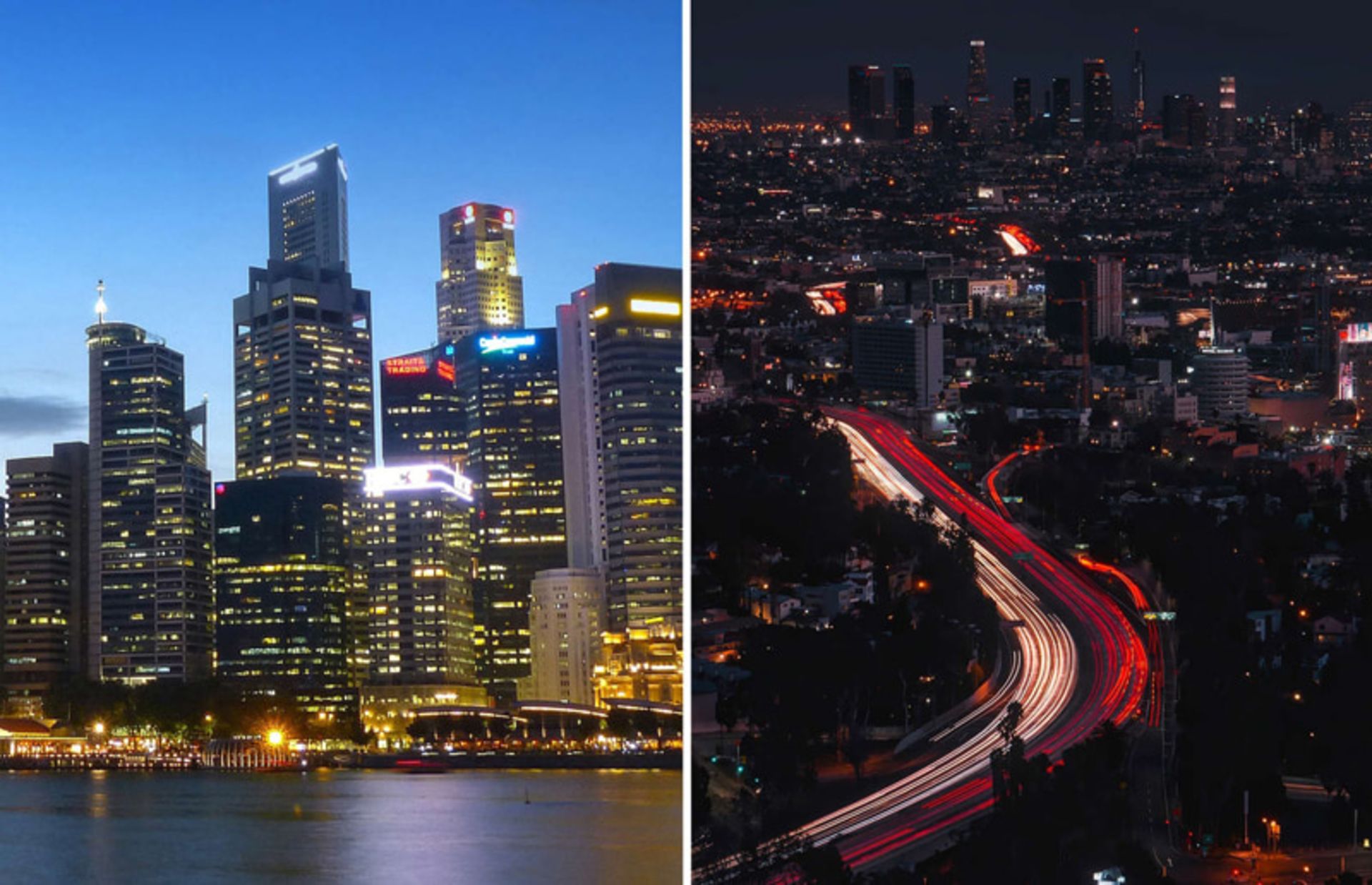 Highway in Los Angeles and Tower in Singapore