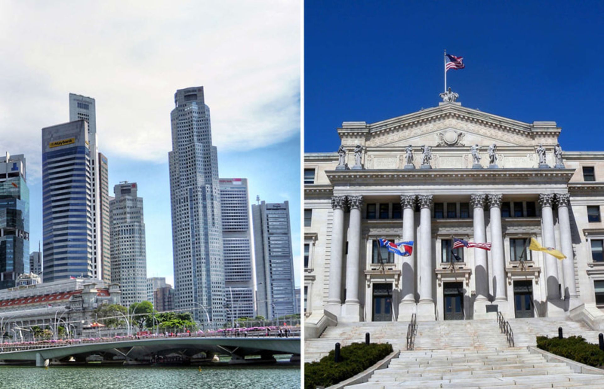 Two urban views of the historic building of the New Ark Court and Singapore Business Area