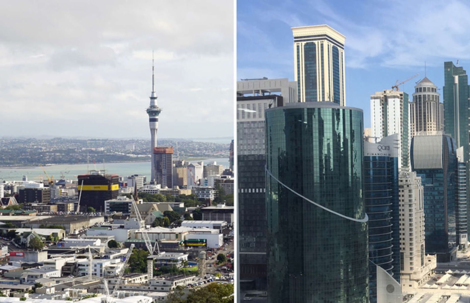   Skyscrapers in Dubai and Sky Tower in Auckland
