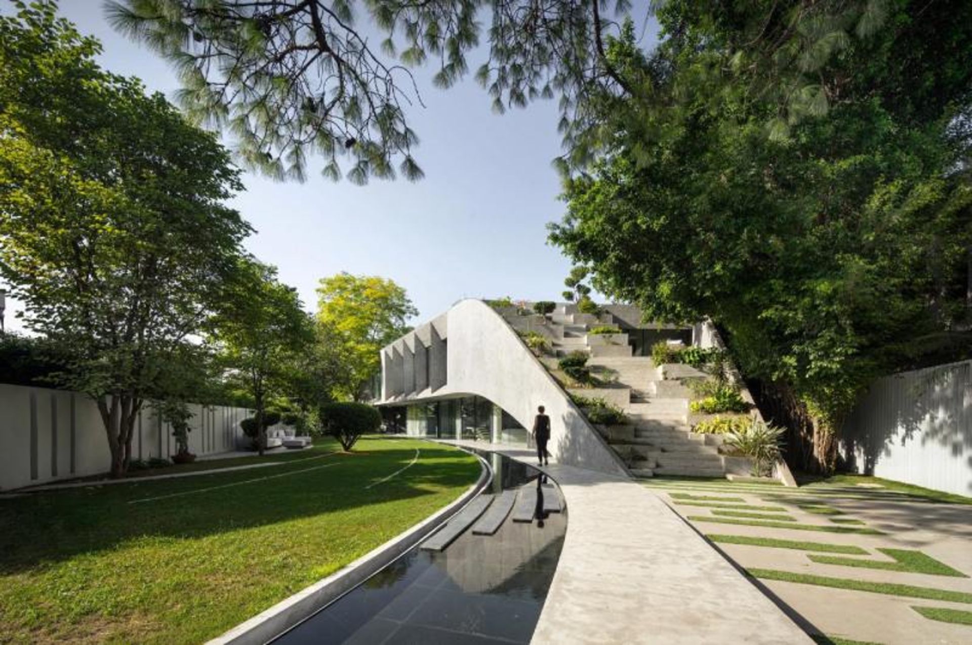 A modern house with a large and green yard