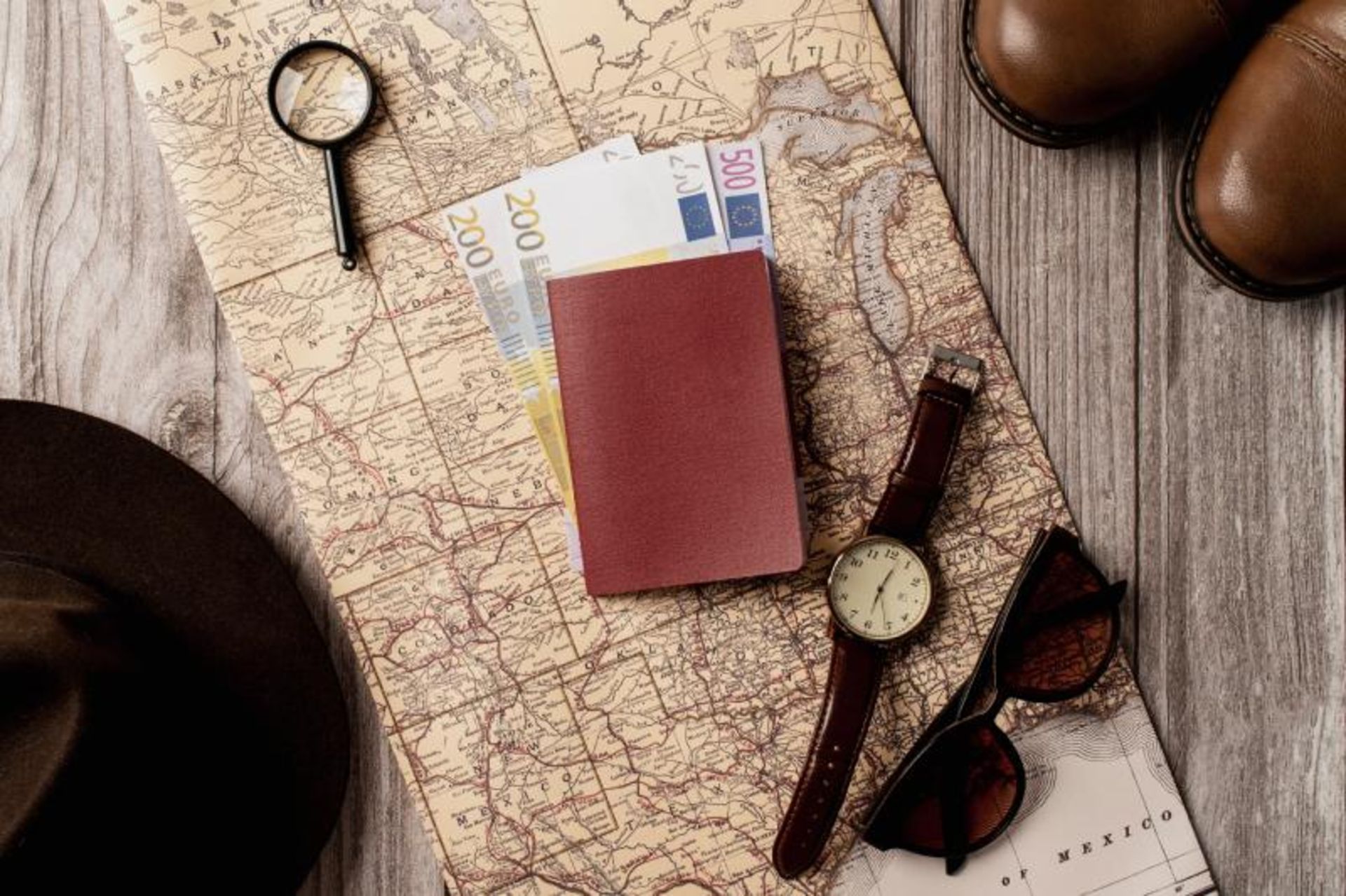 Passport and Clock & Glasses on Map