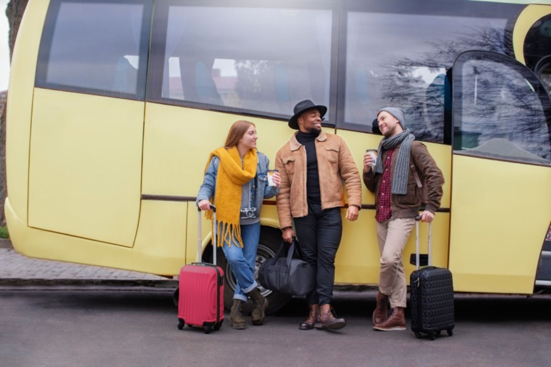 Bus passengers with a suitcase