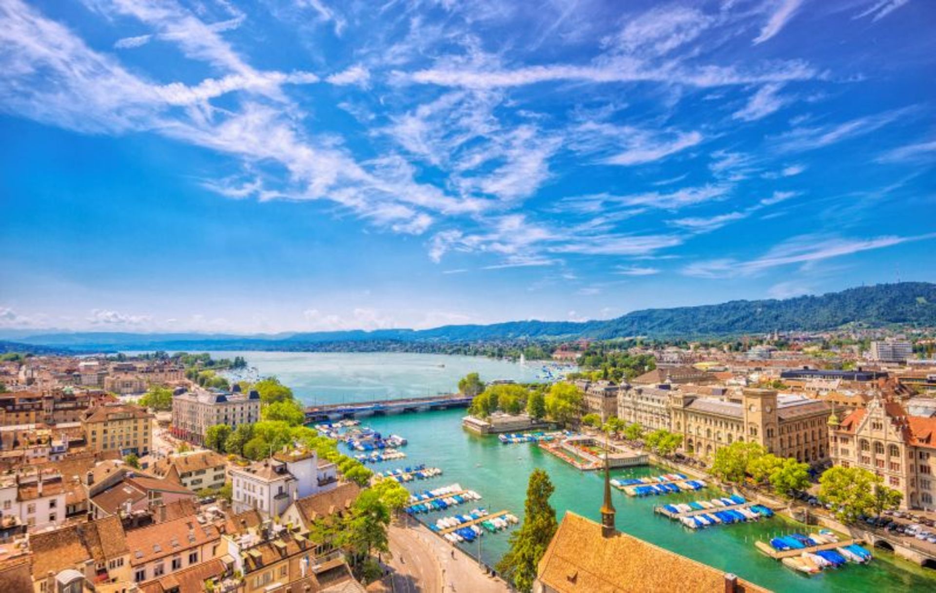 Zurich river Switzerland among resideial houses