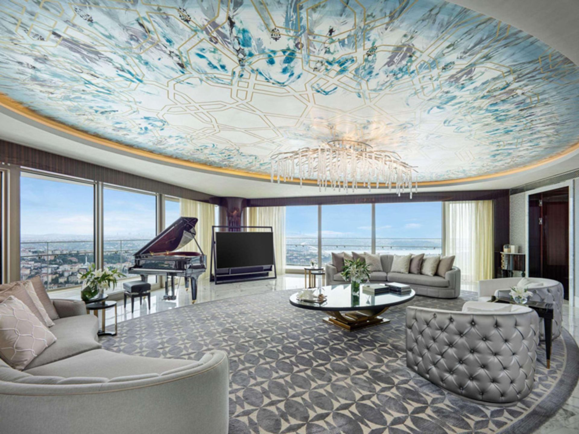 Rafles Hotel's luxury suite with city landscape
