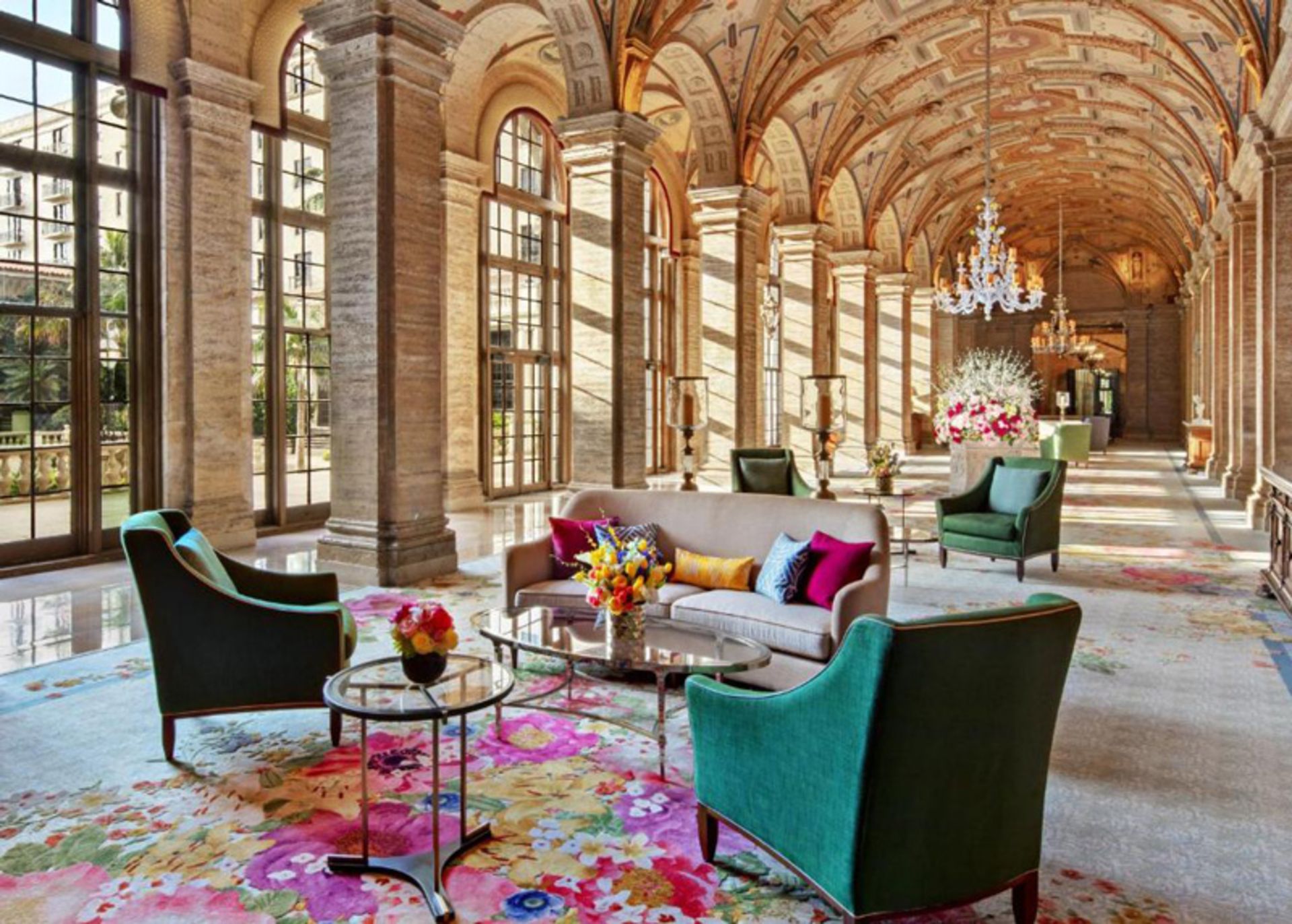 Brakes Hotel Lobby with stunning windows and colorful decorations