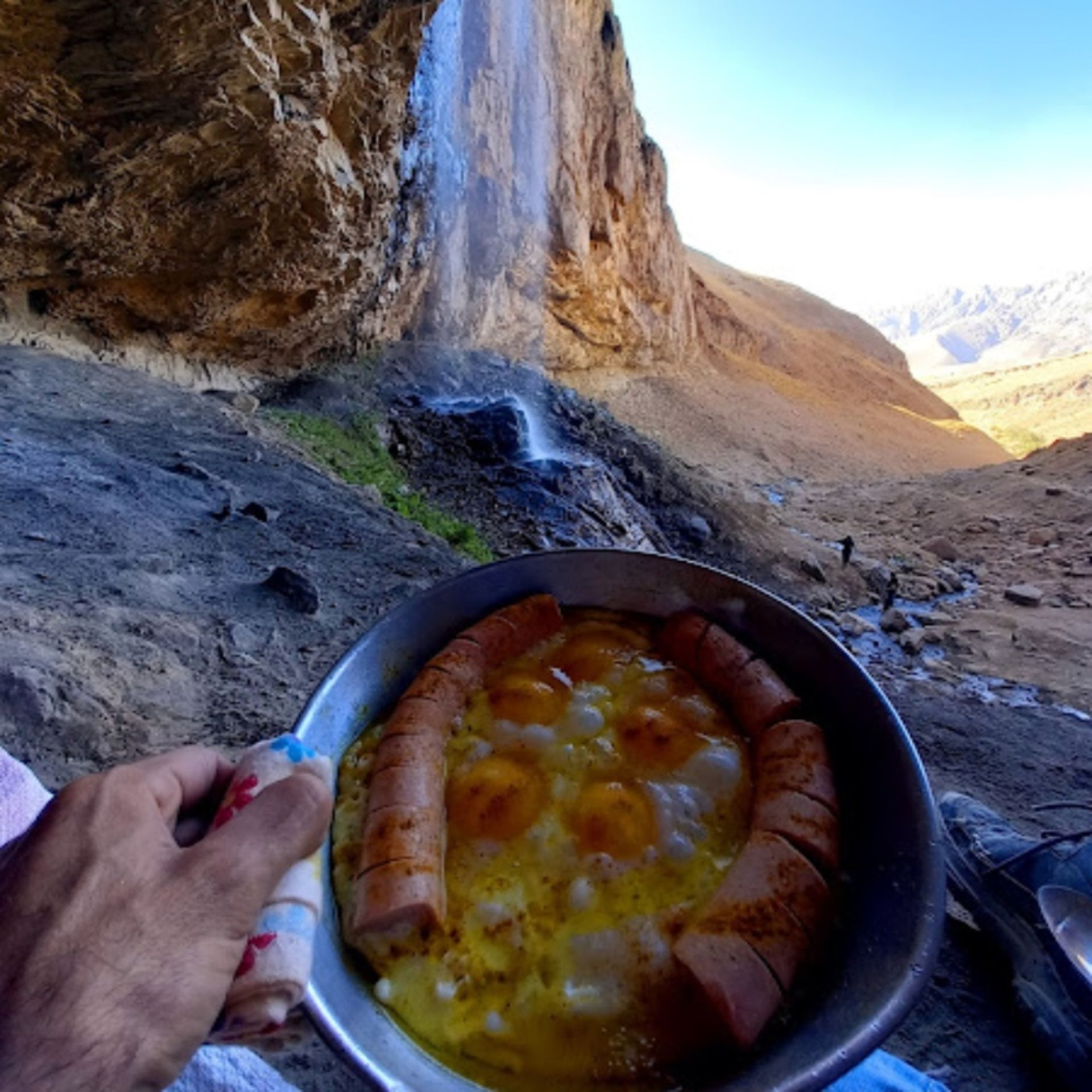 Sausage and eggs next to Khor waterfall
