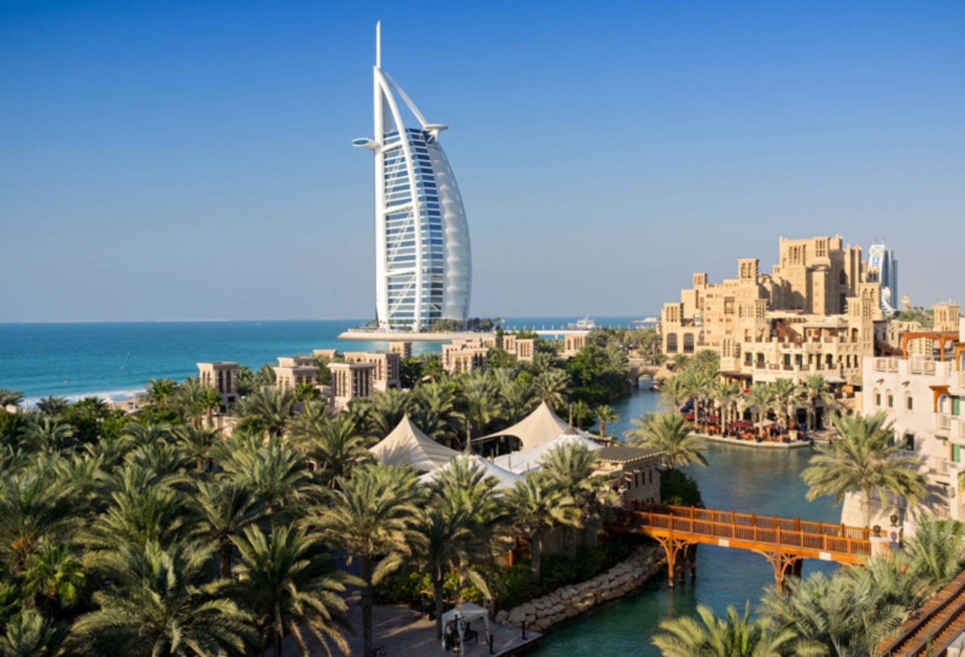   Palmas and buildings near Dubai's Al -Arab Burj