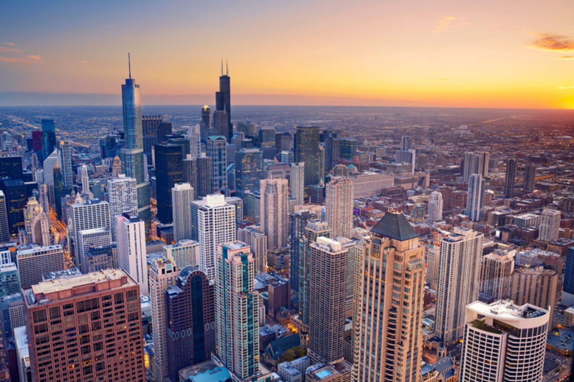 Chicago Air Landscape in the sunset with tall towers