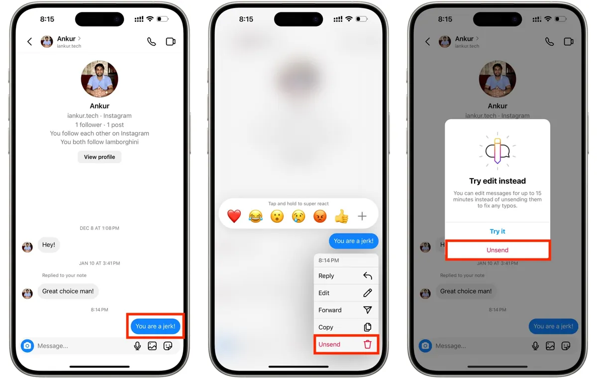 Delete Instagram Direct for the opposite side