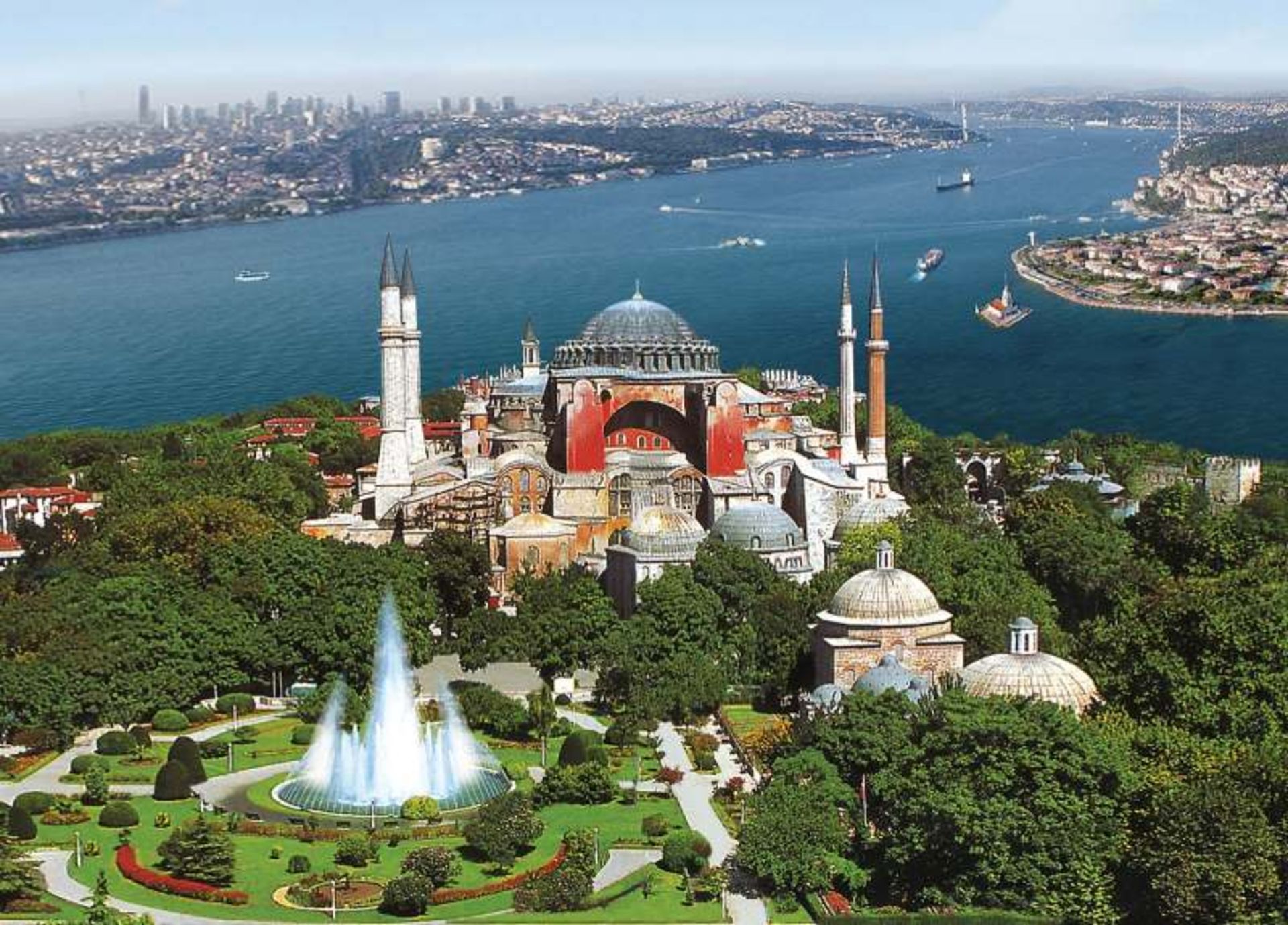 Ayasufiyah Mosque in a lush and alongside Bosphorus
