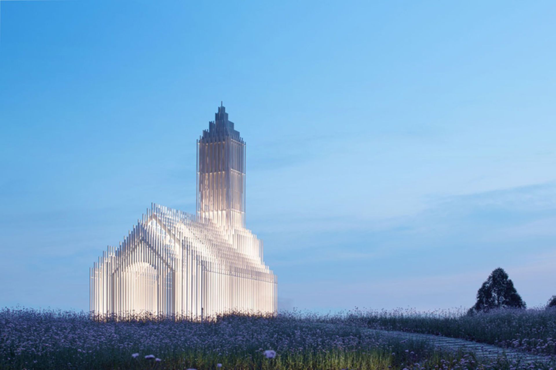 Shadowless church in the middle of the lavender plain