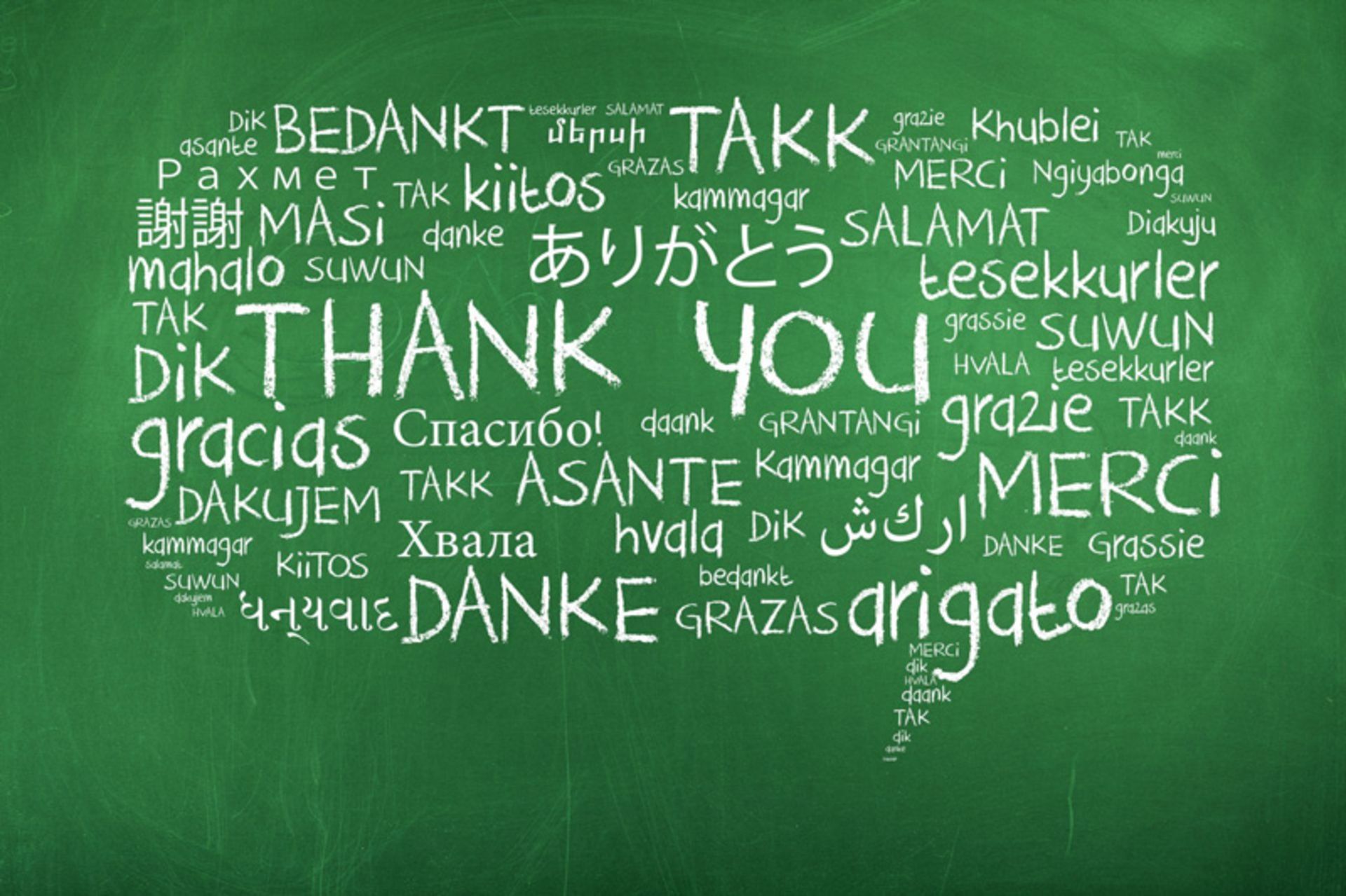 Thanks in differe languages on the blackboard